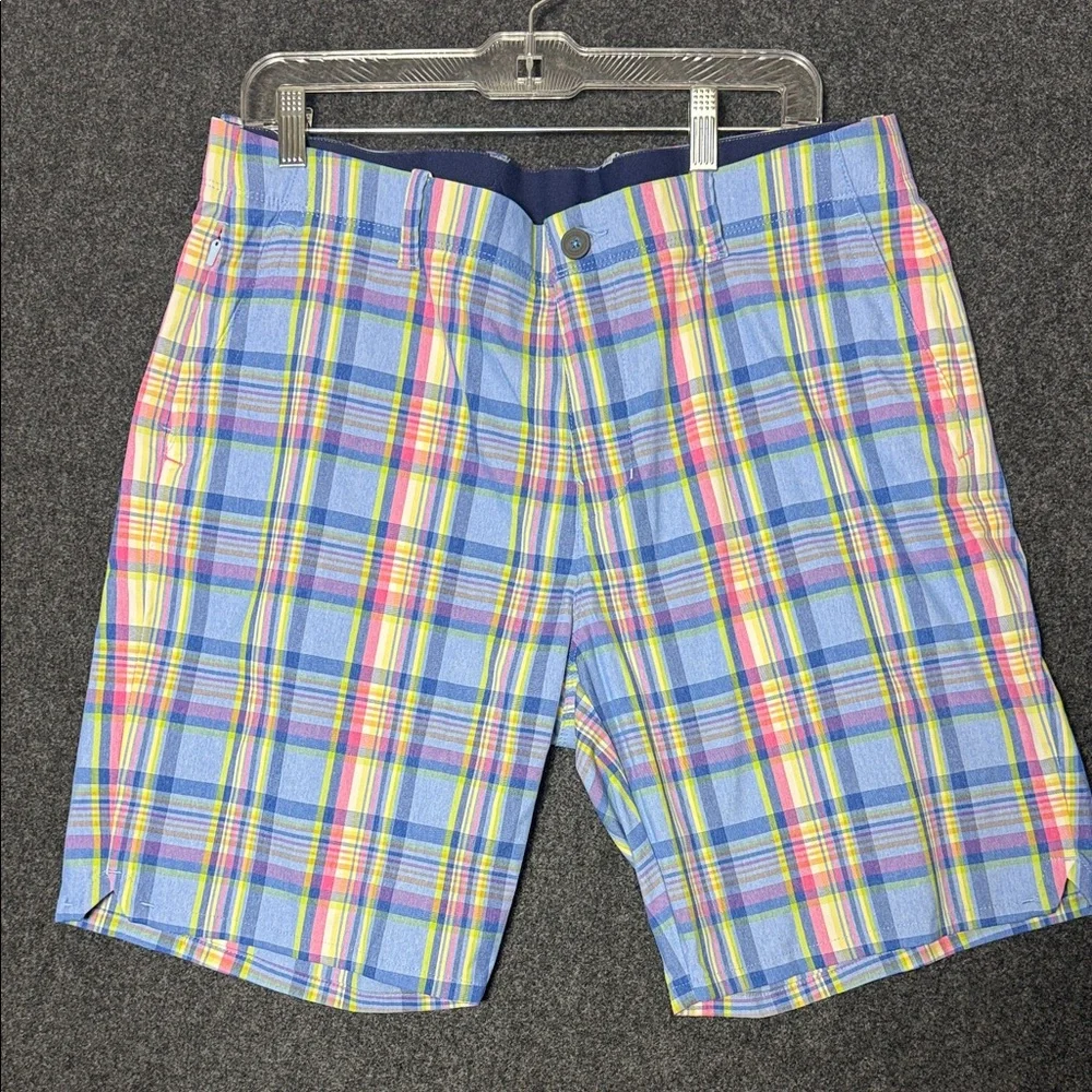 Tommy Bahama Mens Plaid Shorts Blue Pink Yellow 36x9 Marlin Logo Flat Front